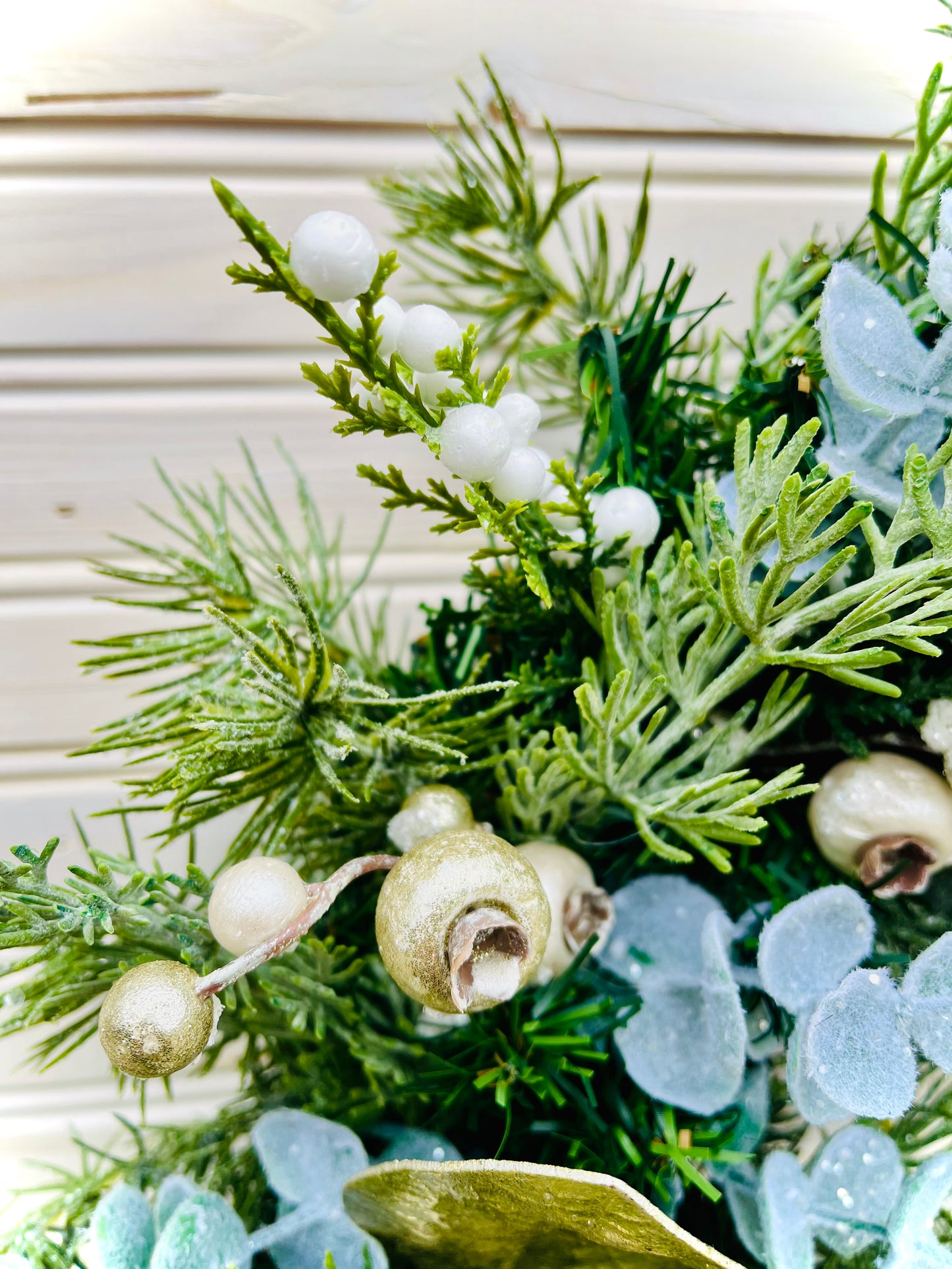 Elegant Winter Wreath with Gold Accents, White Berries, and Eucalyptus