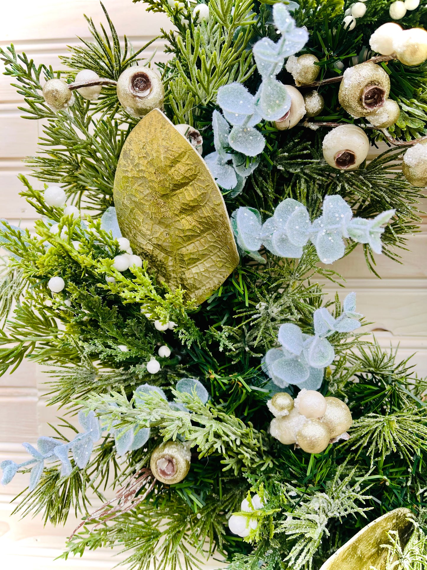 Elegant Winter Wreath with Gold Accents, White Berries, and Eucalyptus