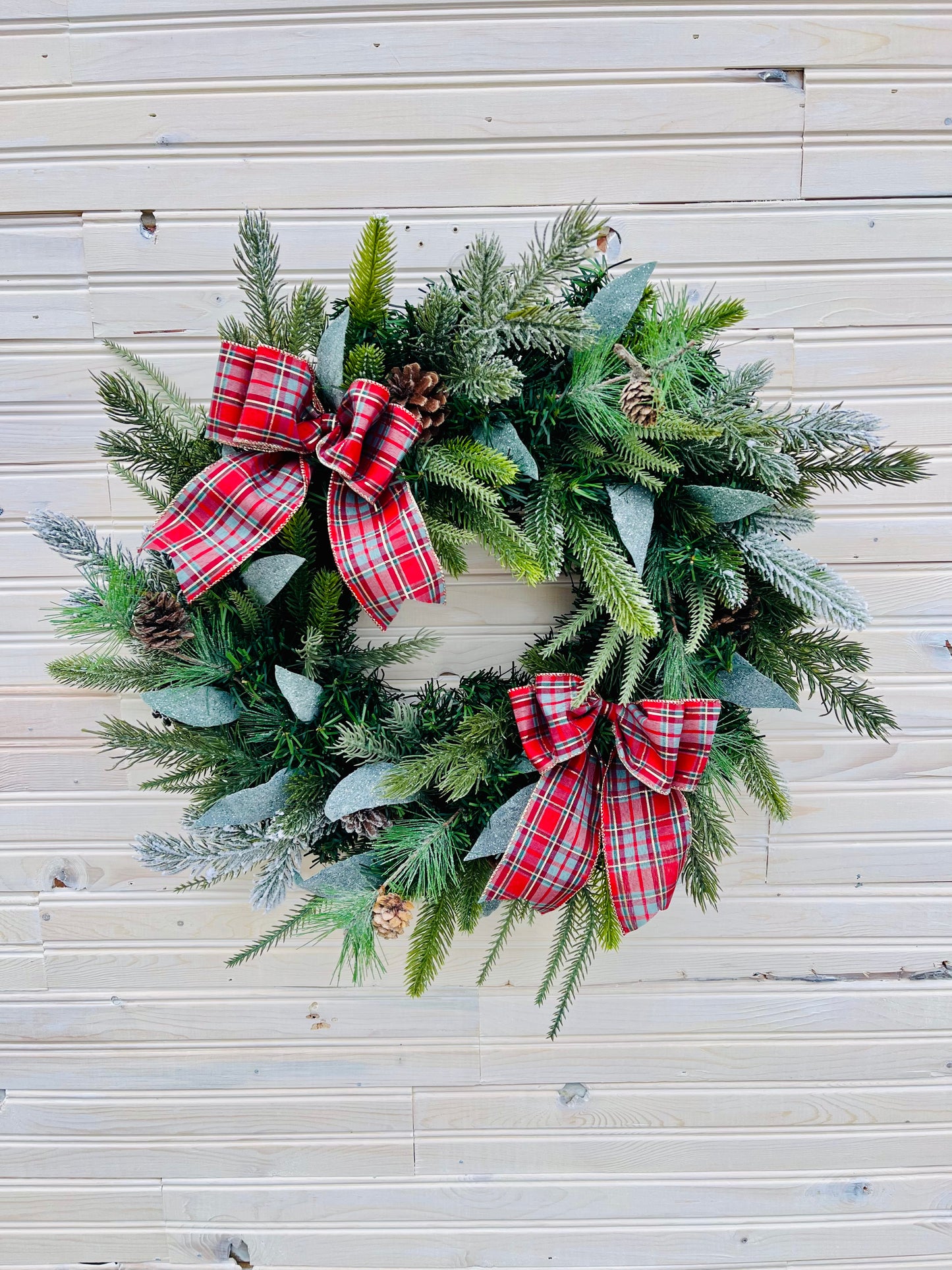 Rustic Christmas Wreath with Plaid Bows and Pinecones