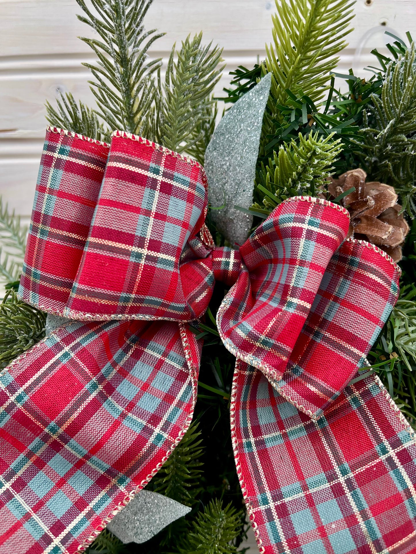 Rustic Christmas Wreath with Plaid Bows and Pinecones