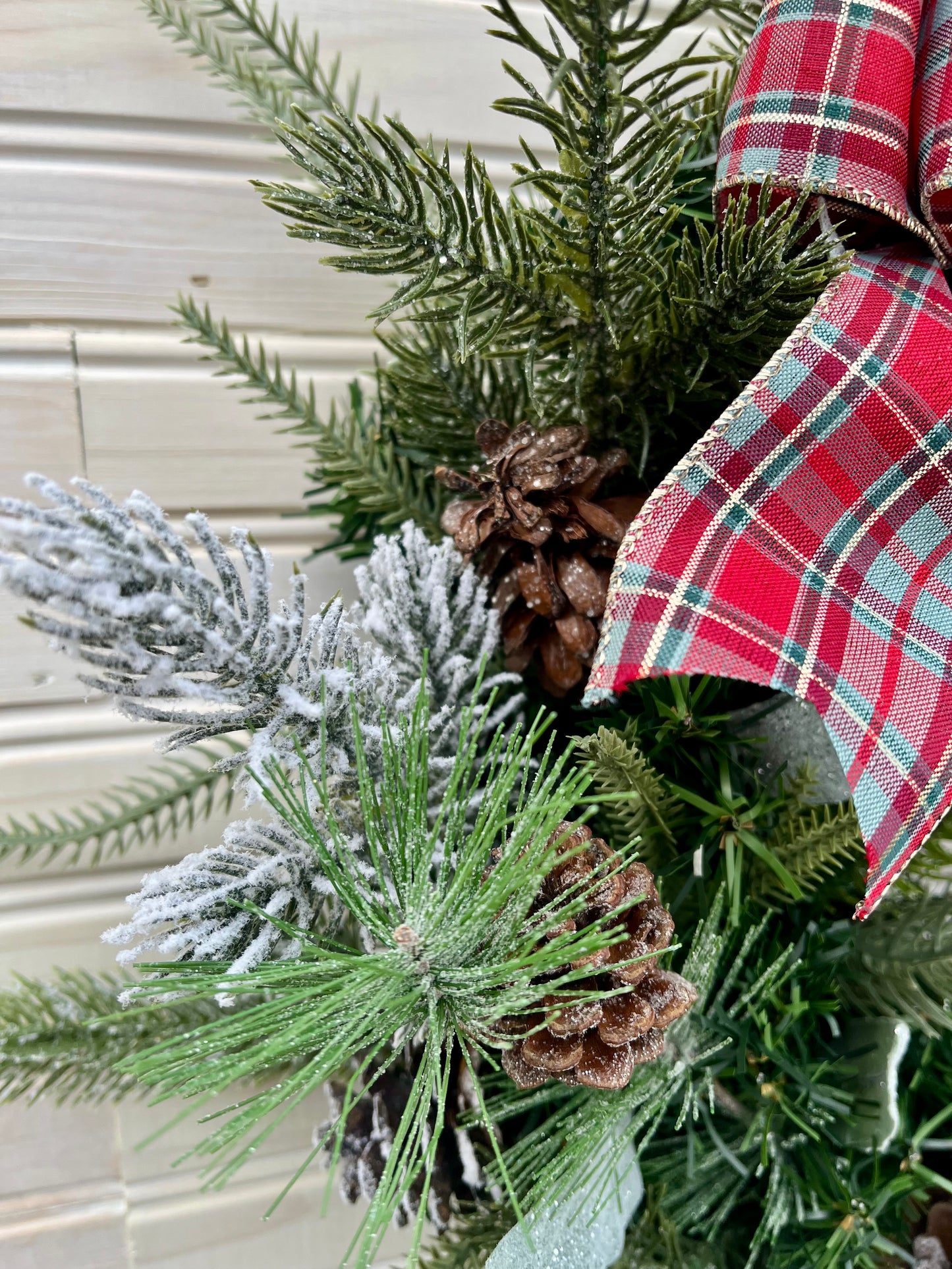 Rustic Christmas Wreath with Plaid Bows and Pinecones