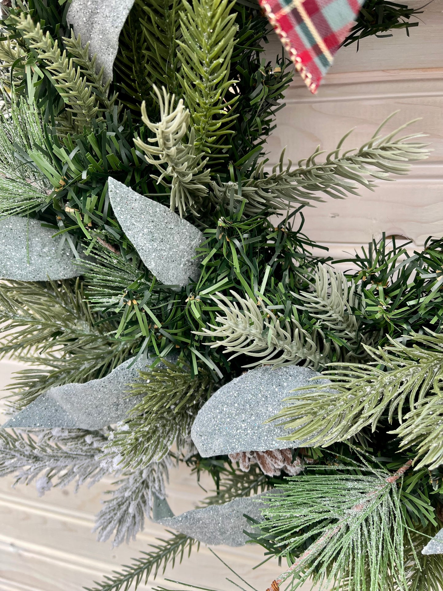 Rustic Christmas Wreath with Plaid Bows and Pinecones