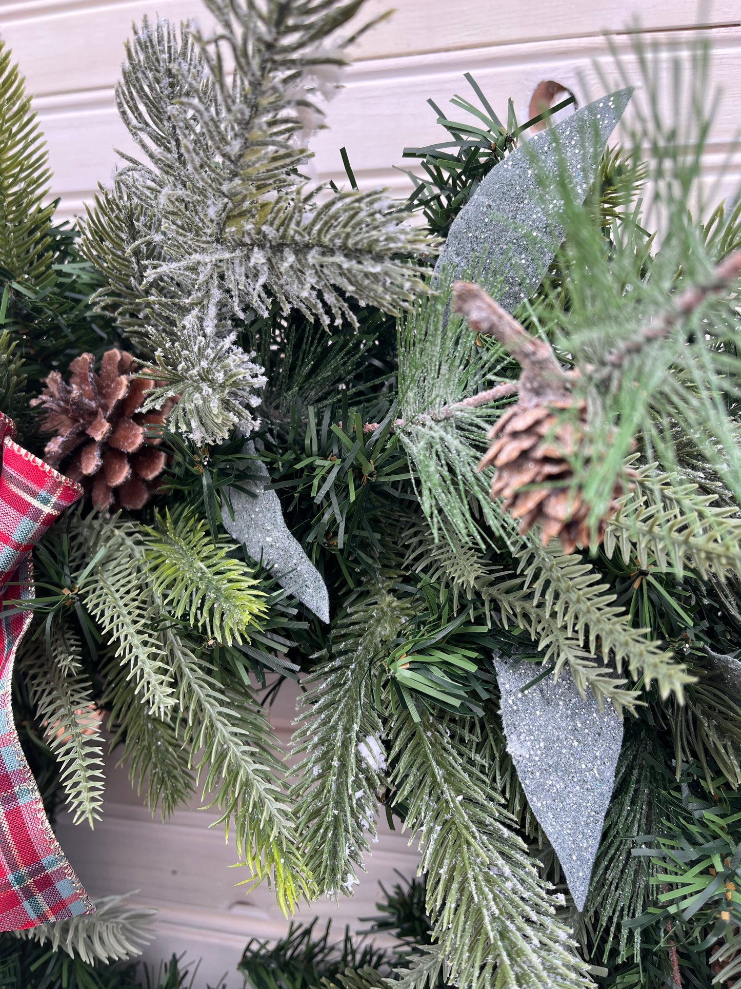 Rustic Christmas Wreath with Plaid Bows and Pinecones