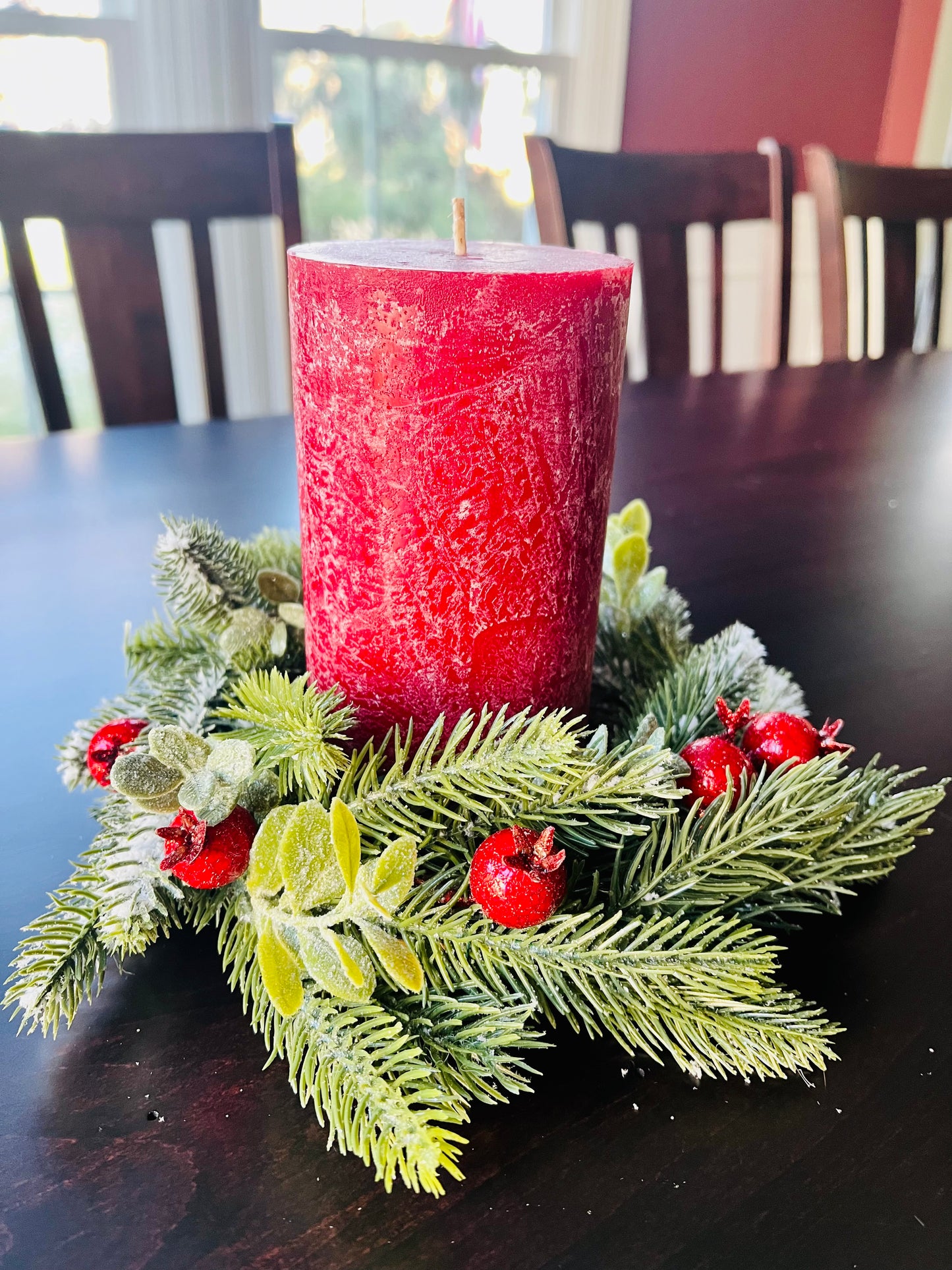 Rustic Red Pillar Candle with Pine and Berry Wreath