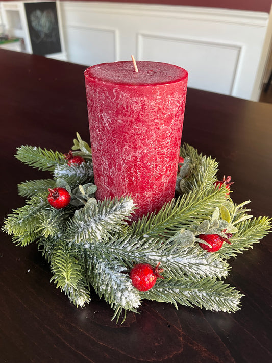 Rustic Red Pillar Candle with Pine and Berry Wreath