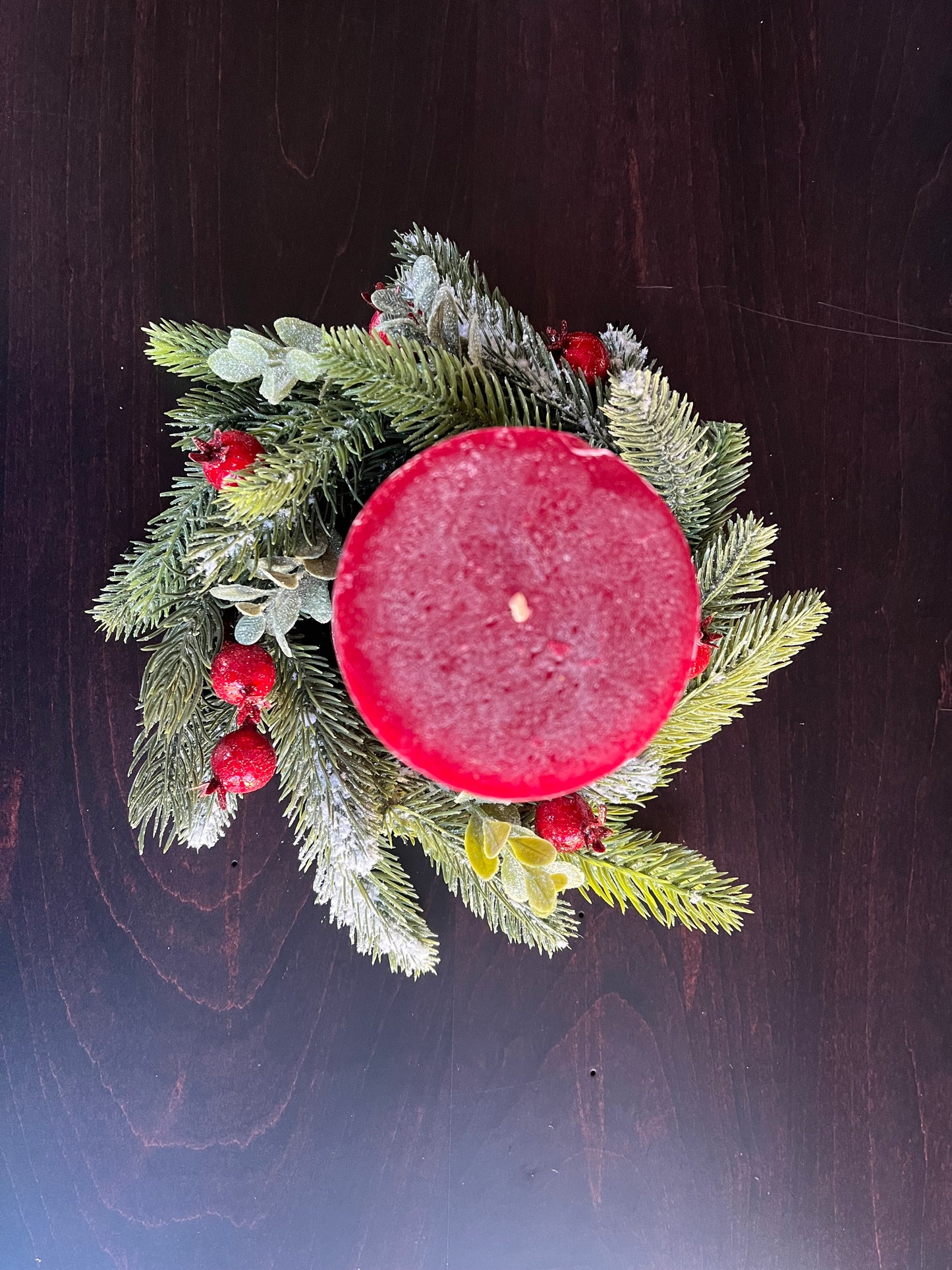 Rustic Red Pillar Candle with Pine and Berry Wreath