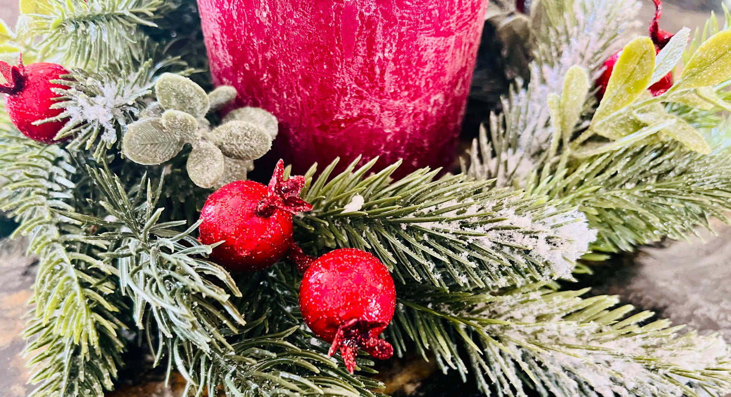 Rustic Red Pillar Candle with Pine and Berry Wreath