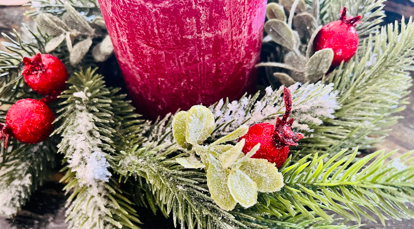 Rustic Red Pillar Candle with Pine and Berry Wreath