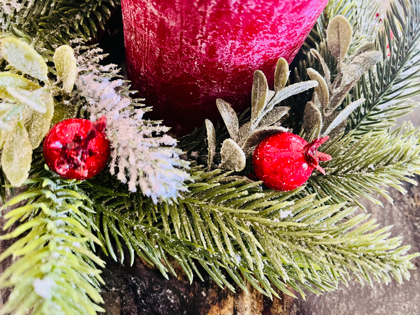 Rustic Red Pillar Candle with Pine and Berry Wreath