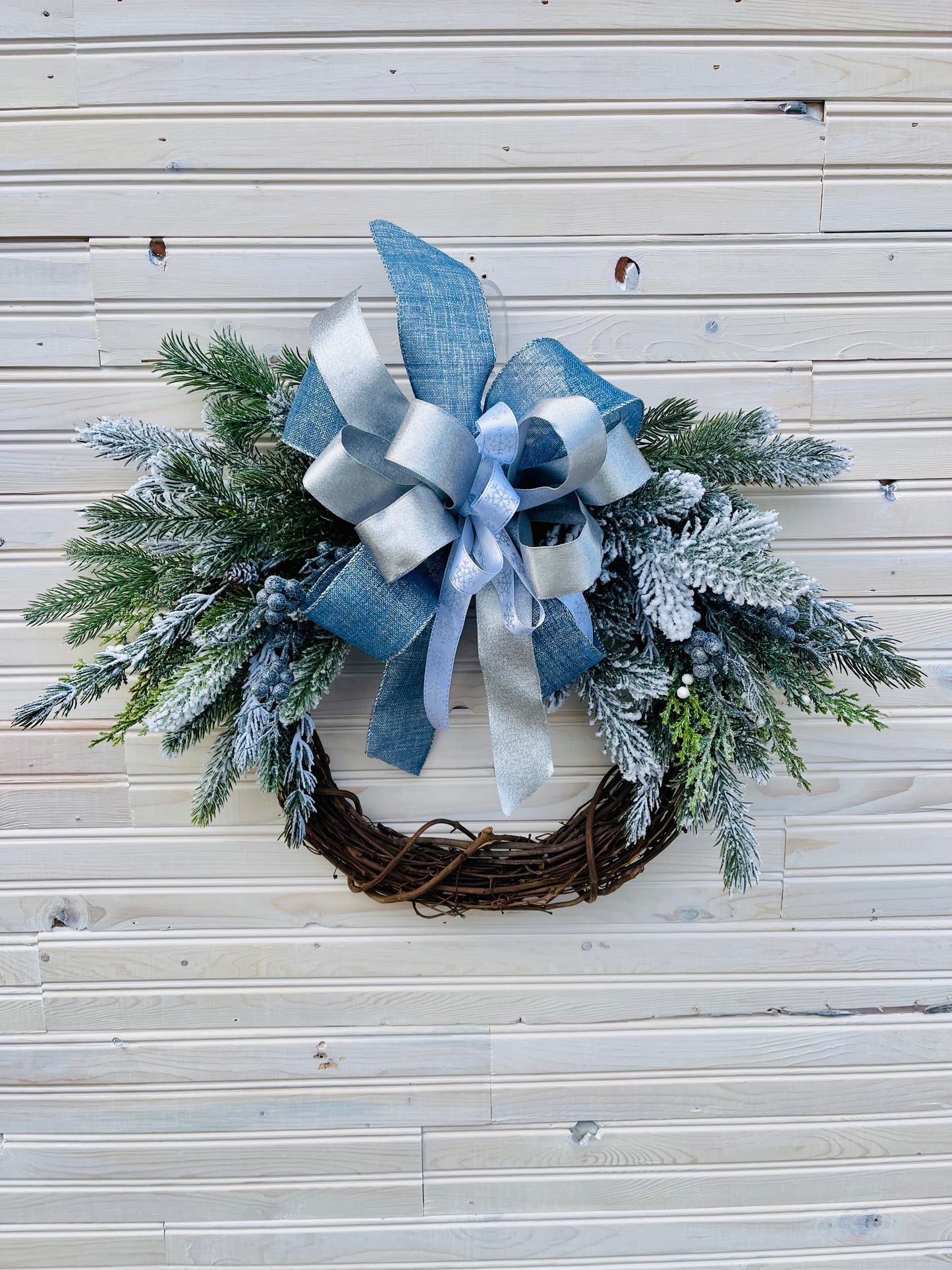 Winter Wonderland Grapevine Wreath with Blue and Silver Bow