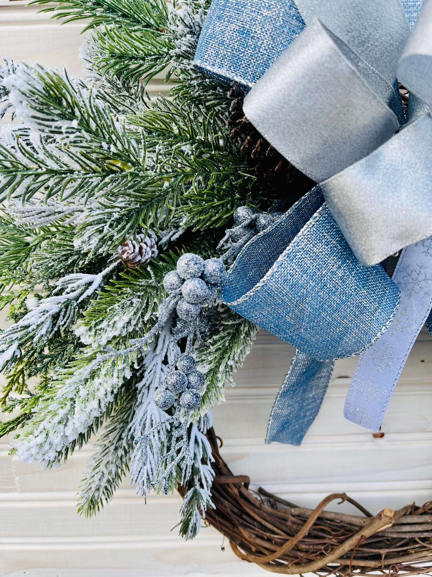 Winter Wonderland Grapevine Wreath with Blue and Silver Bow