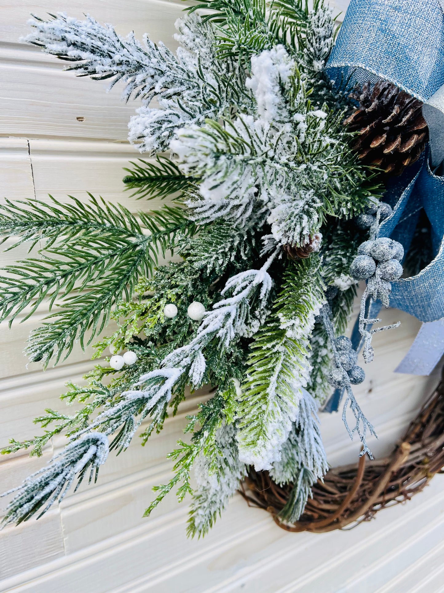 Winter Wonderland Grapevine Wreath with Blue and Silver Bow