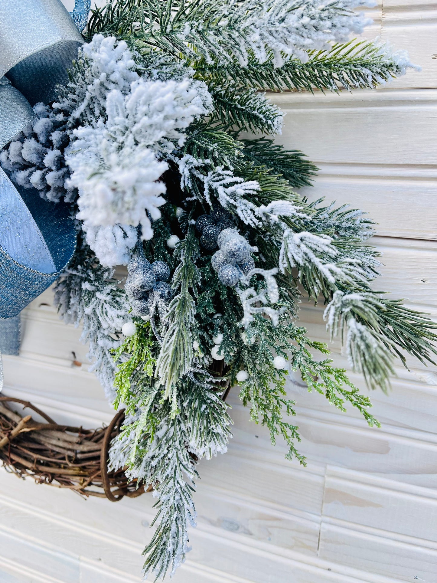 Winter Wonderland Grapevine Wreath with Blue and Silver Bow