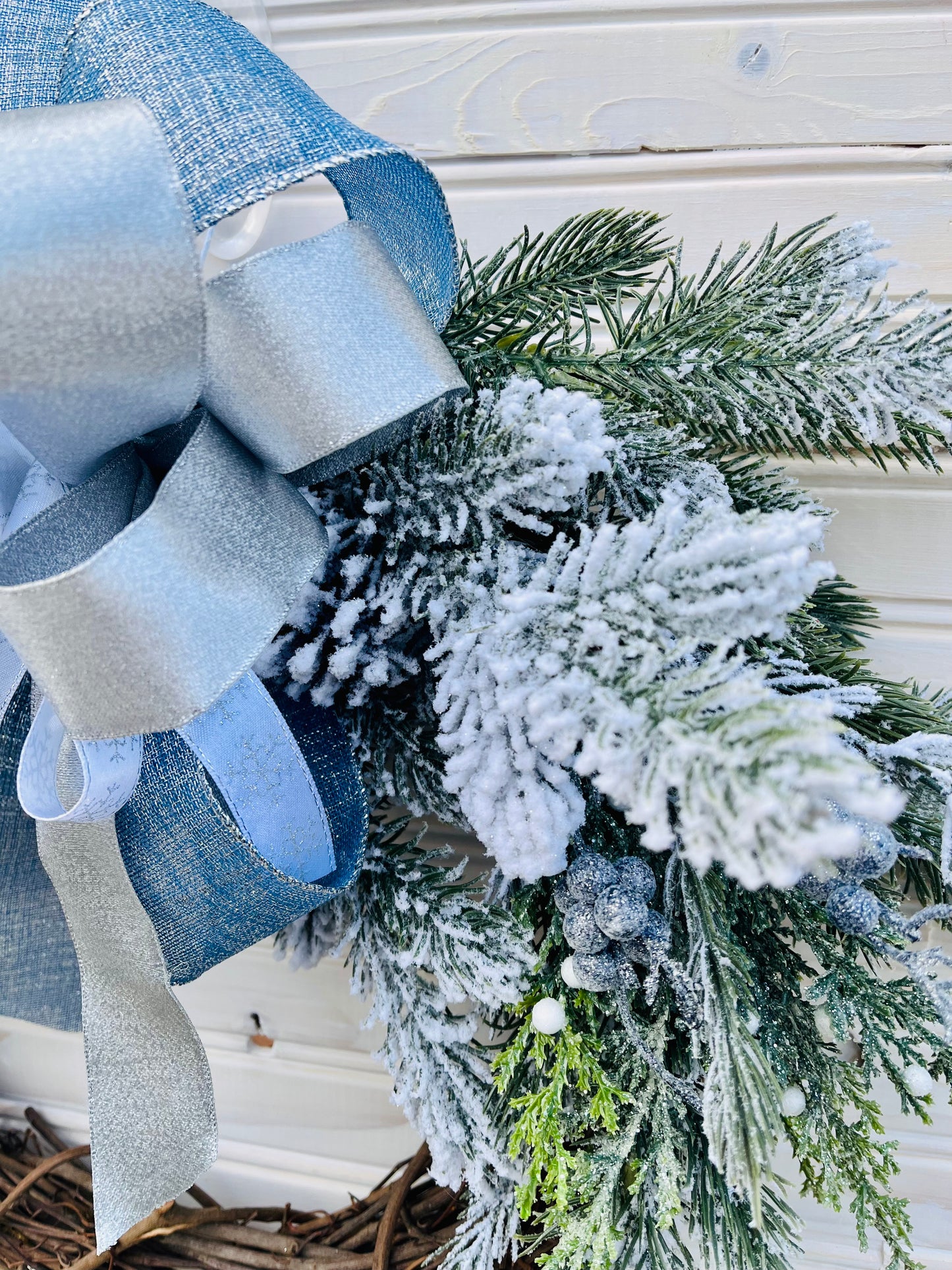 Winter Wonderland Grapevine Wreath with Blue and Silver Bow