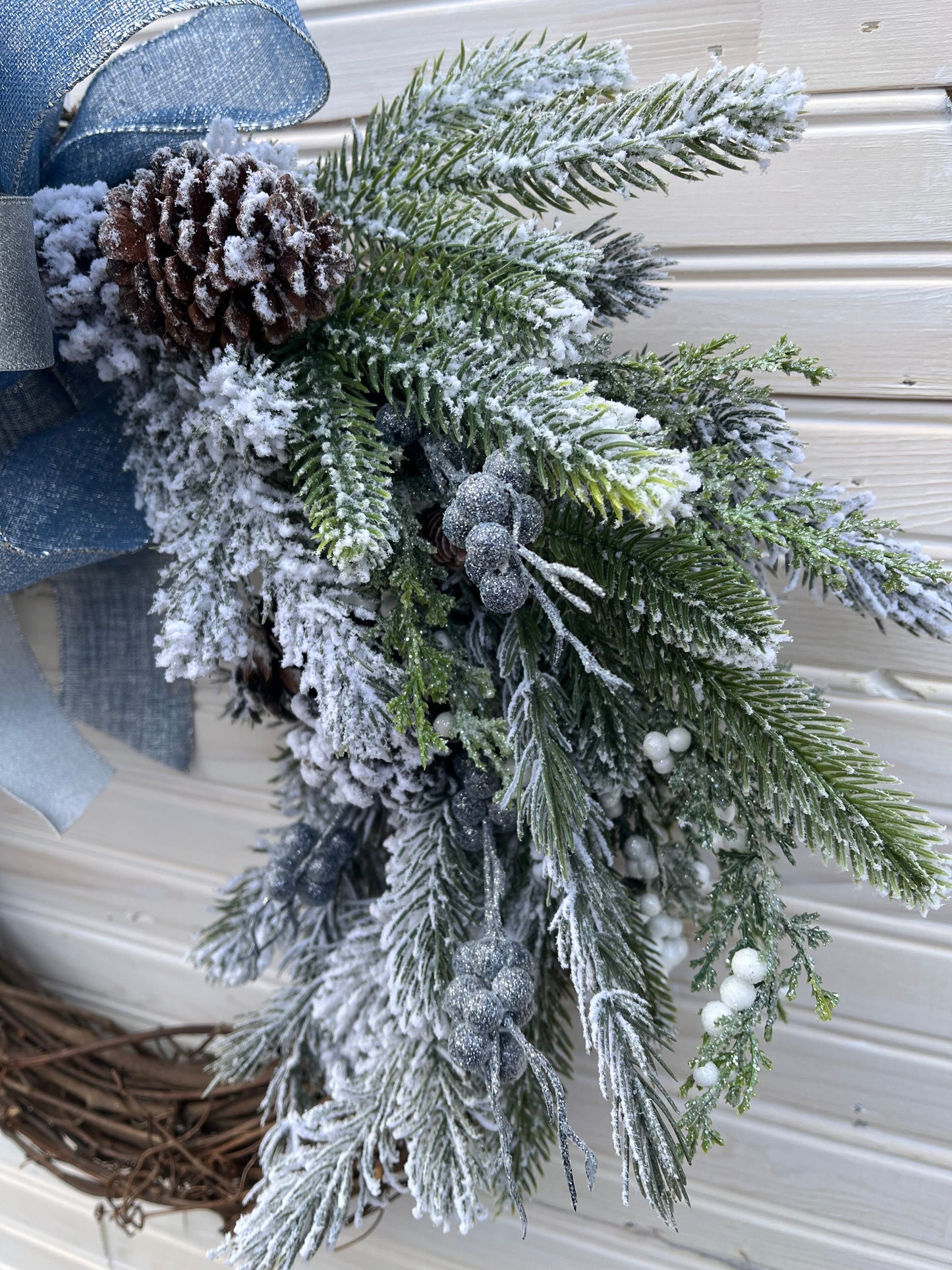 Winter Wonderland Grapevine Wreath with Blue and Silver Bow