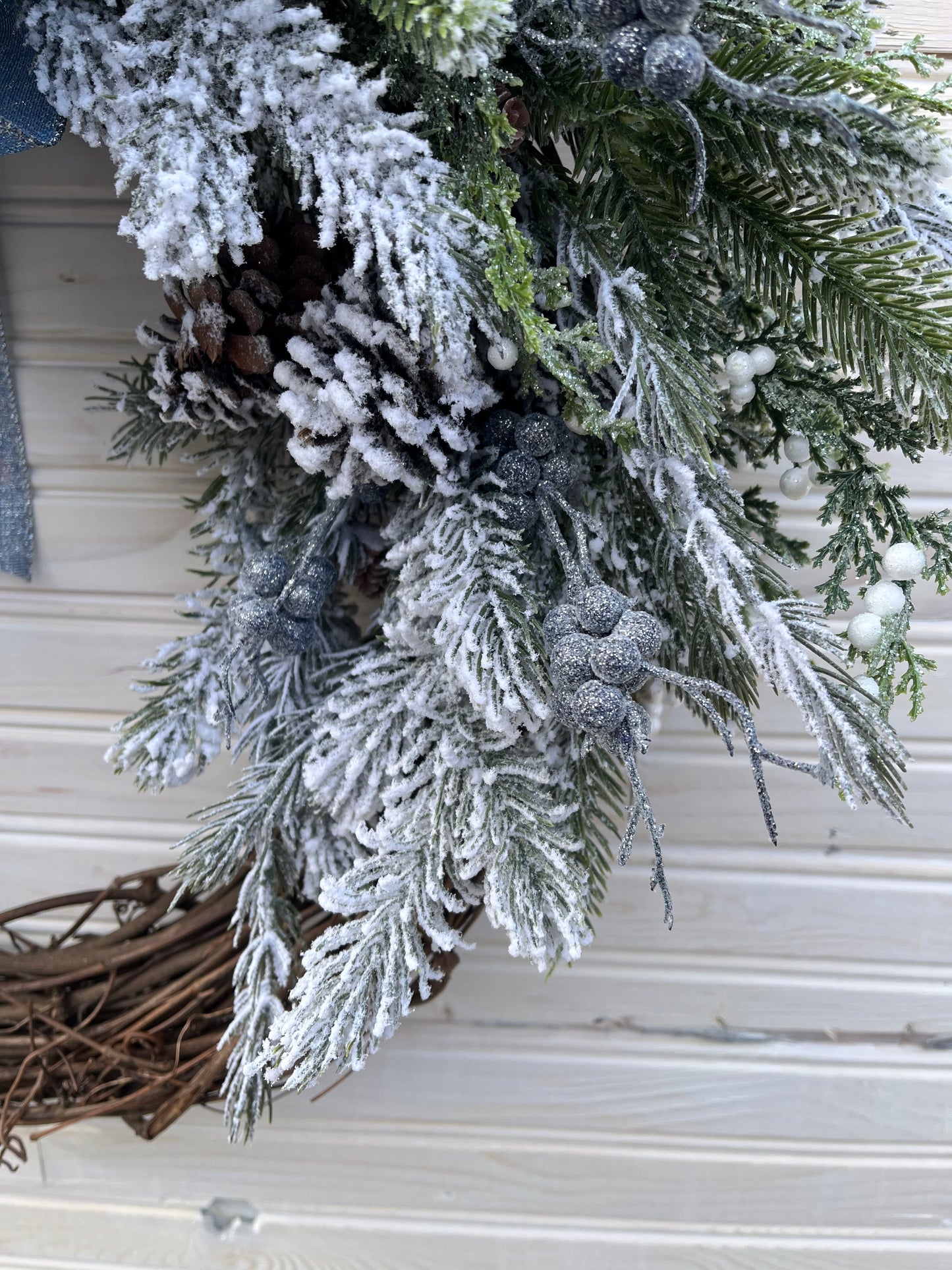 Winter Wonderland Grapevine Wreath with Blue and Silver Bow