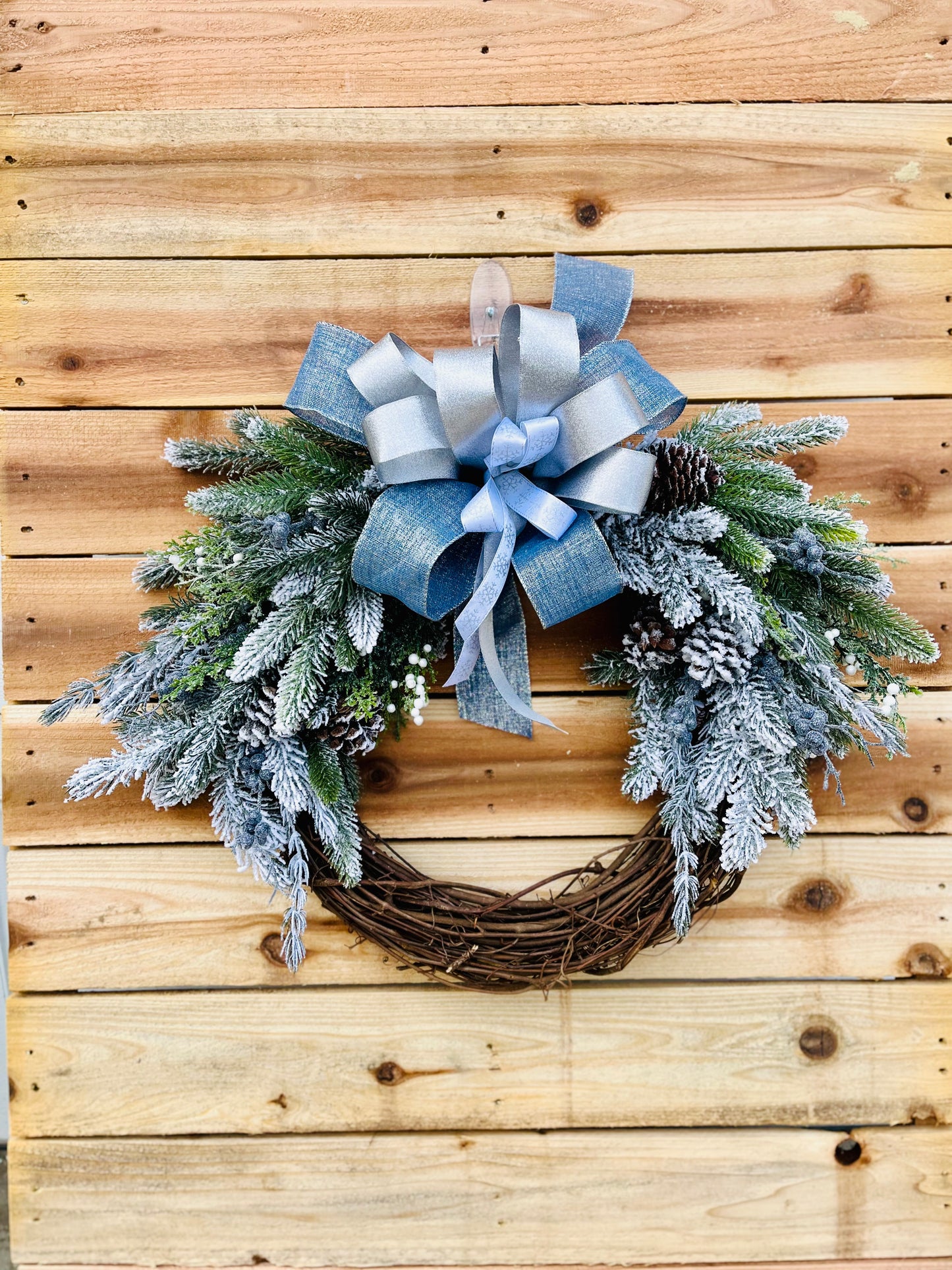 Winter Wonderland Grapevine Wreath with Blue and Silver Bow