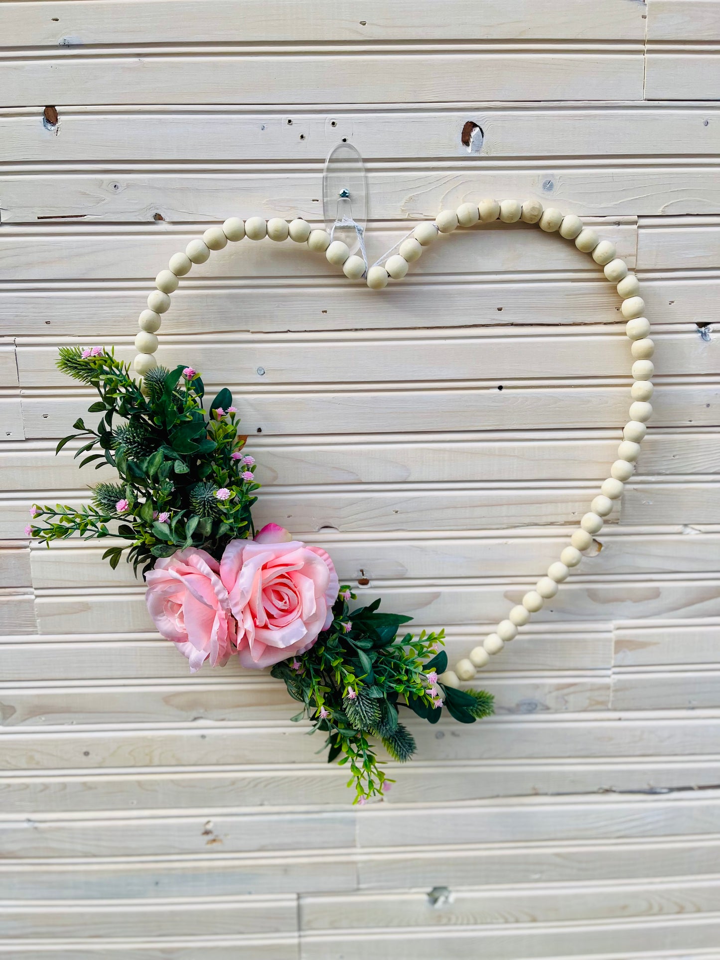 Wooden Bead Heart Wreath with Pink Roses