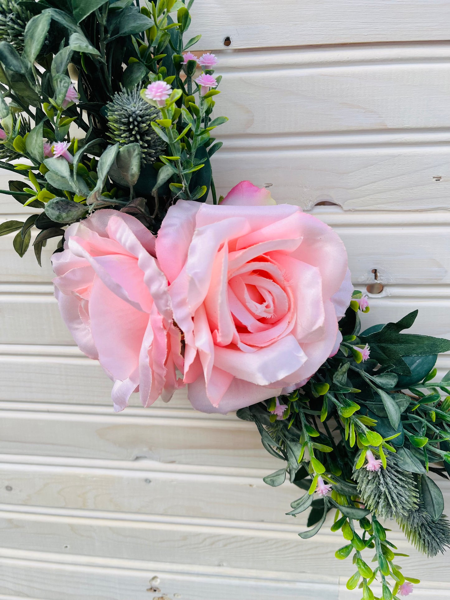 Wooden Bead Heart Wreath with Pink Roses