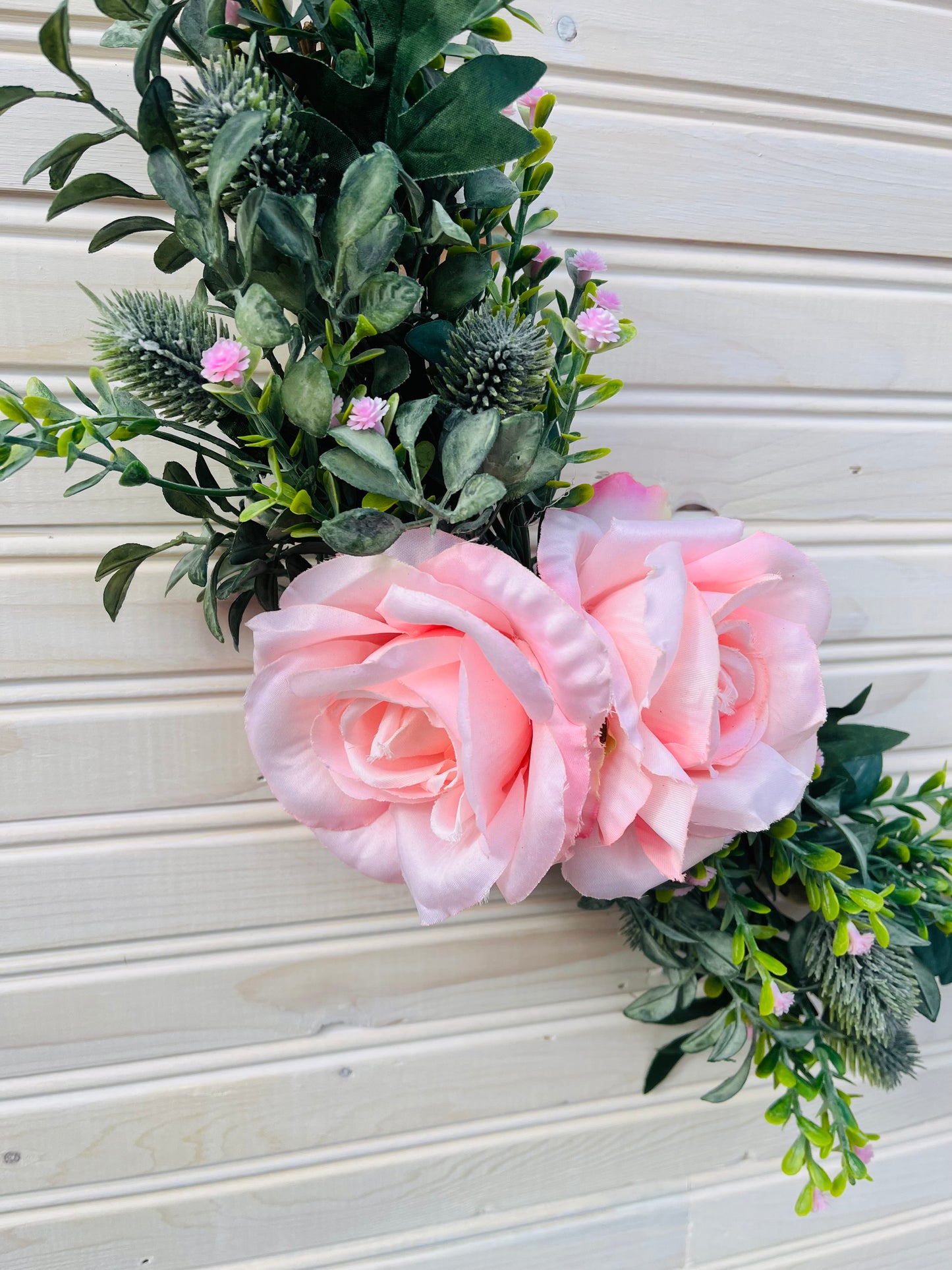 Wooden Bead Heart Wreath with Pink Roses