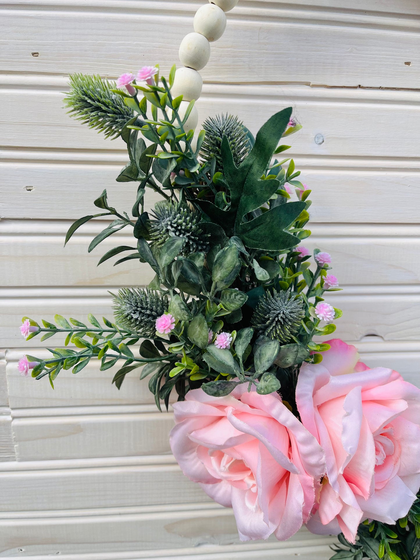 Wooden Bead Heart Wreath with Pink Roses