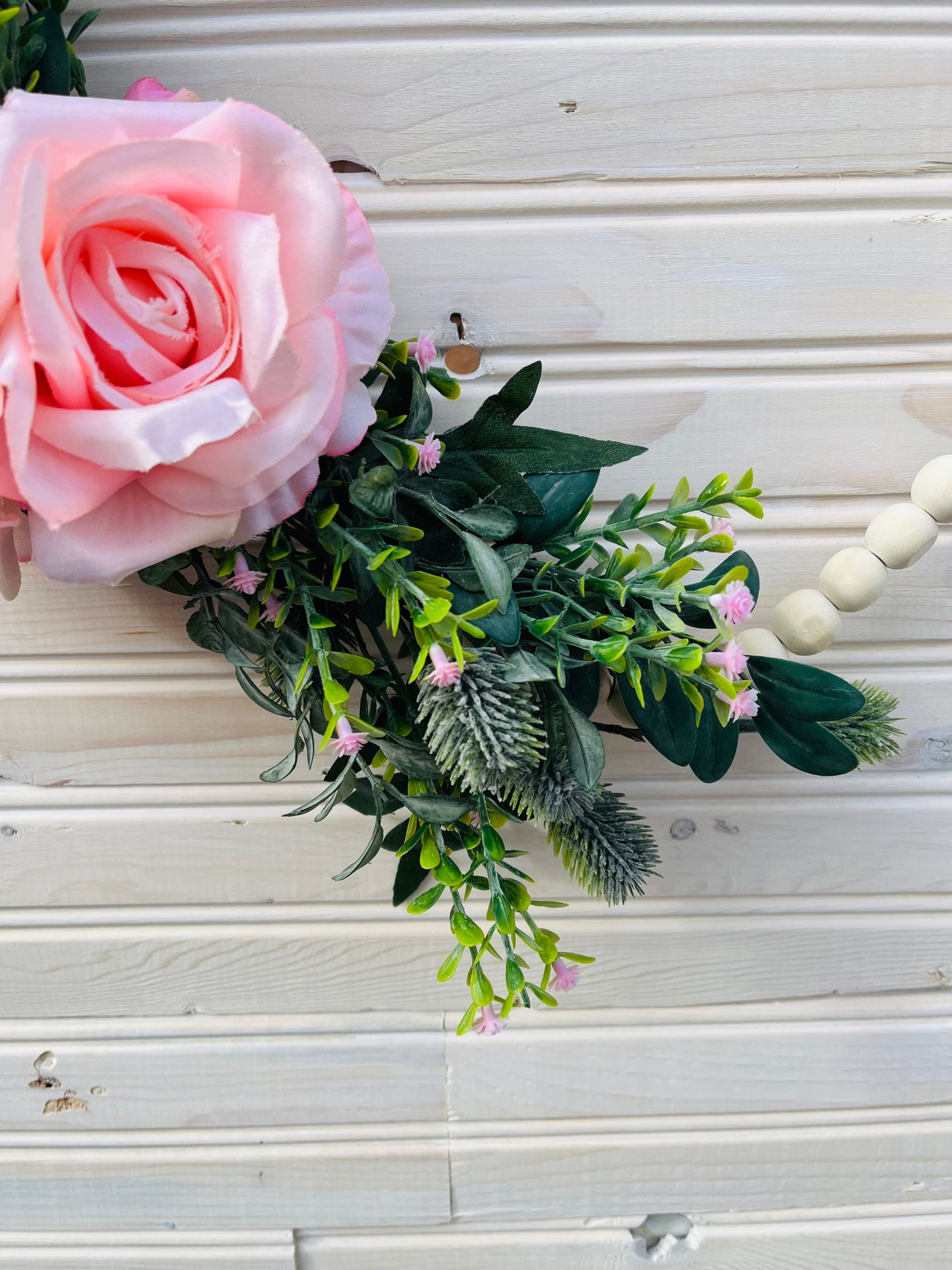 Wooden Bead Heart Wreath with Pink Roses