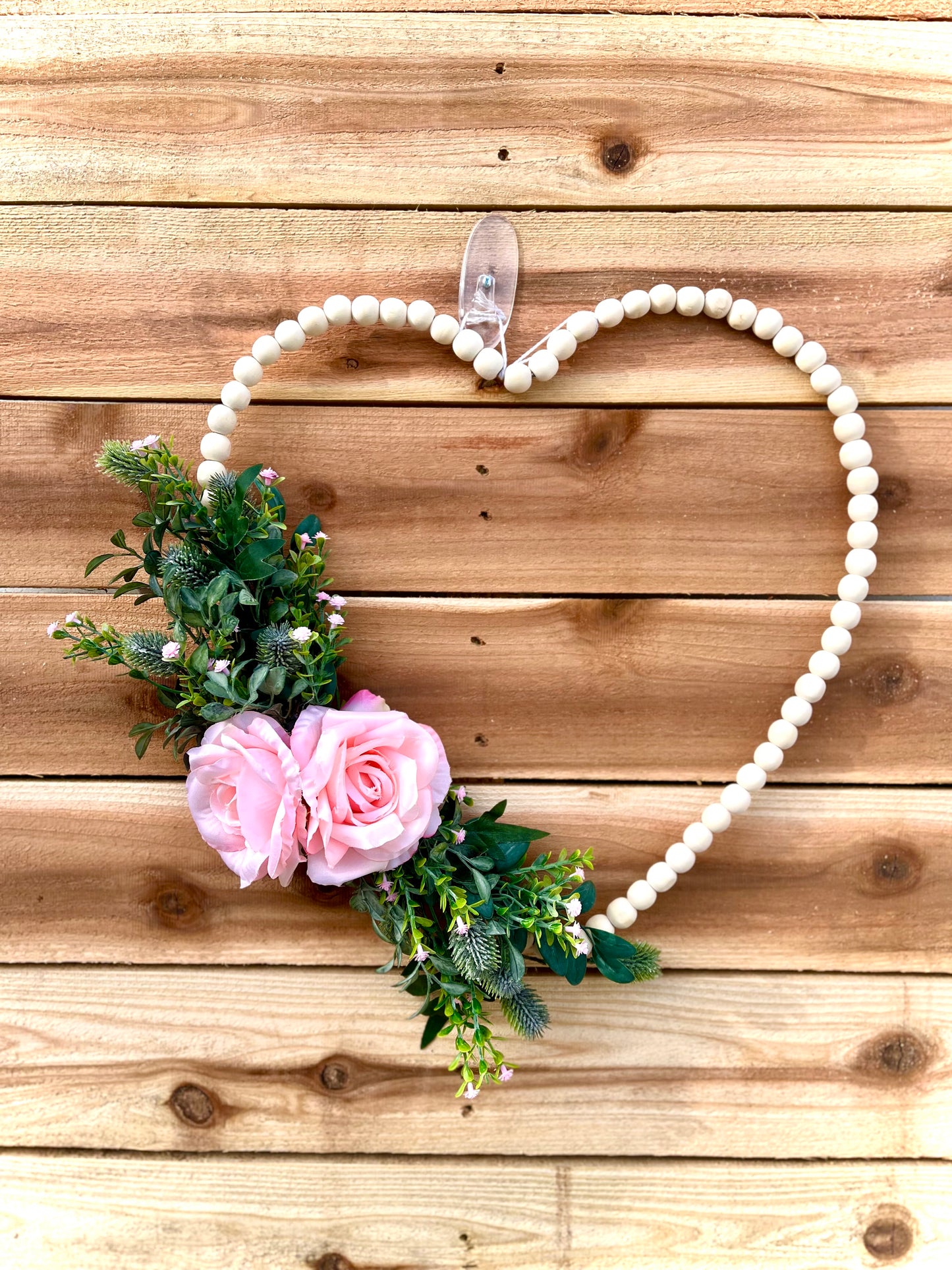 Wooden Bead Heart Wreath with Pink Roses