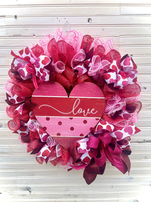 Valentine’s Day Heart Wreath – "Love" Ribbon and Mesh Decor