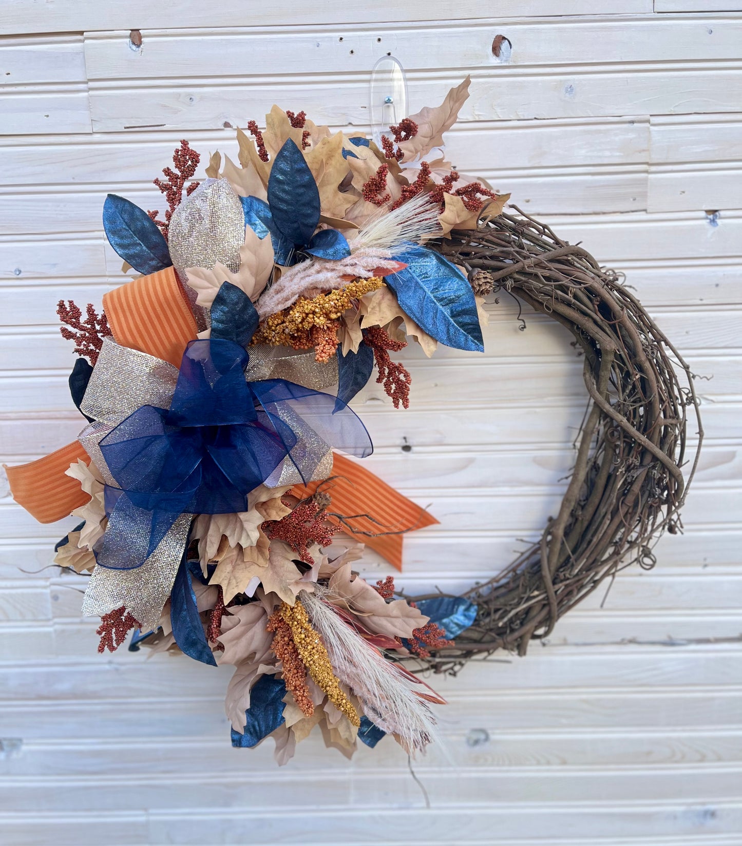 Rustic Autumn Harvest Wreath - Grapevine Wreath with Navy and Burnt Orange Accents