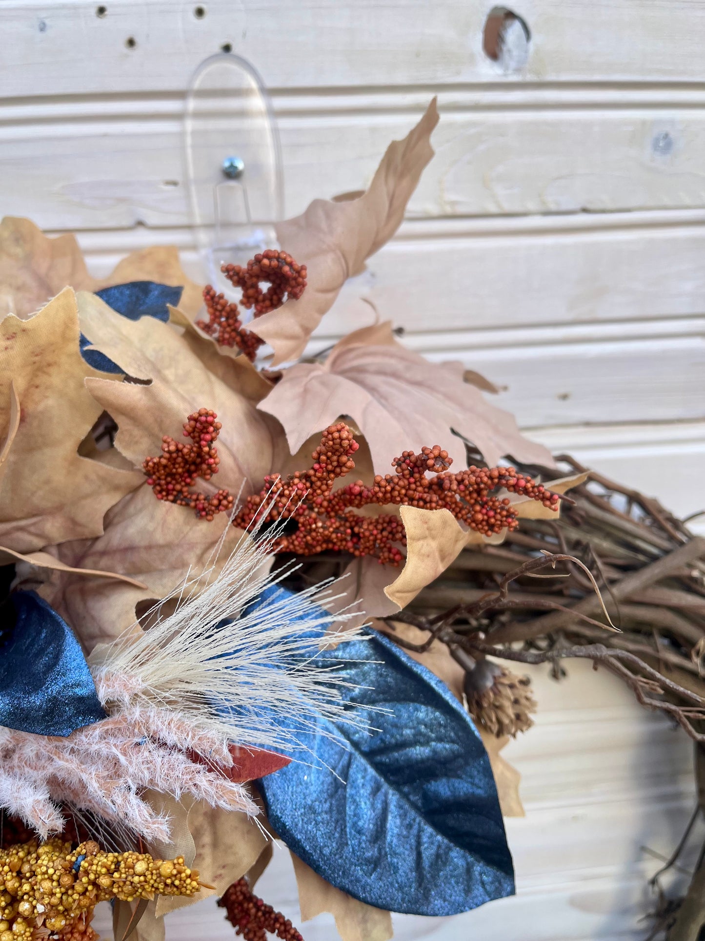 Rustic Autumn Harvest Wreath - Grapevine Wreath with Navy and Burnt Orange Accents