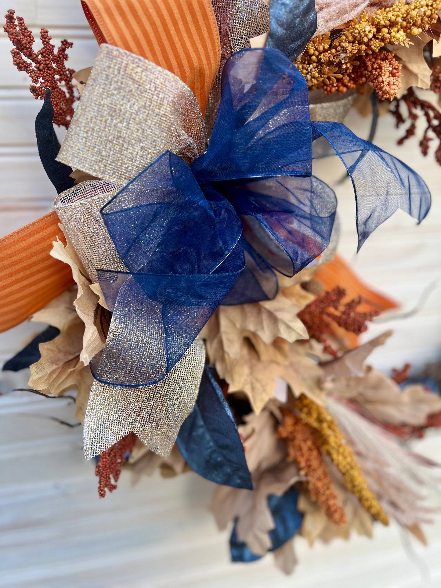 Rustic Autumn Harvest Wreath - Grapevine Wreath with Navy and Burnt Orange Accents