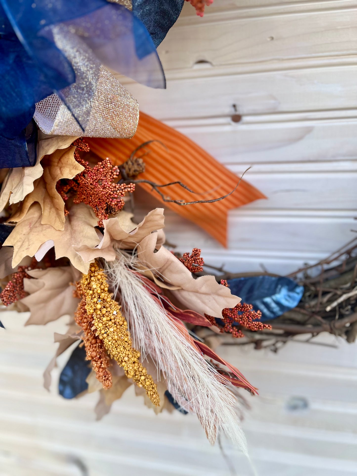 Rustic Autumn Harvest Wreath - Grapevine Wreath with Navy and Burnt Orange Accents