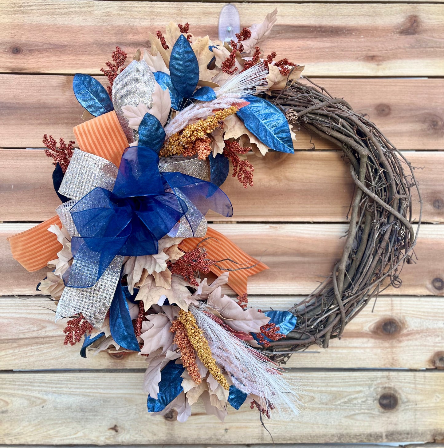 Rustic Autumn Harvest Wreath - Grapevine Wreath with Navy and Burnt Orange Accents