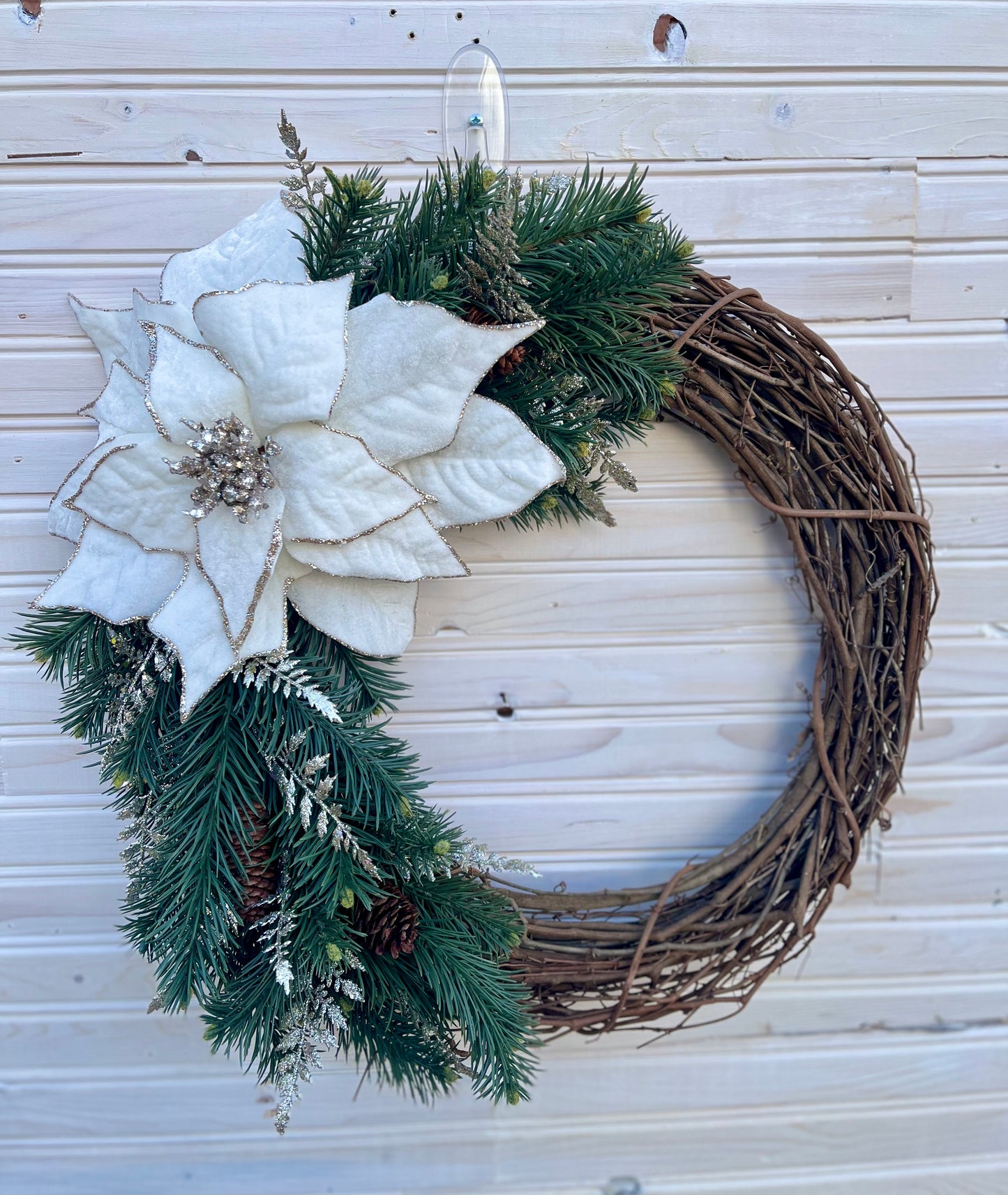 Elegant Winter White Poinsettia Grapevine Wreath