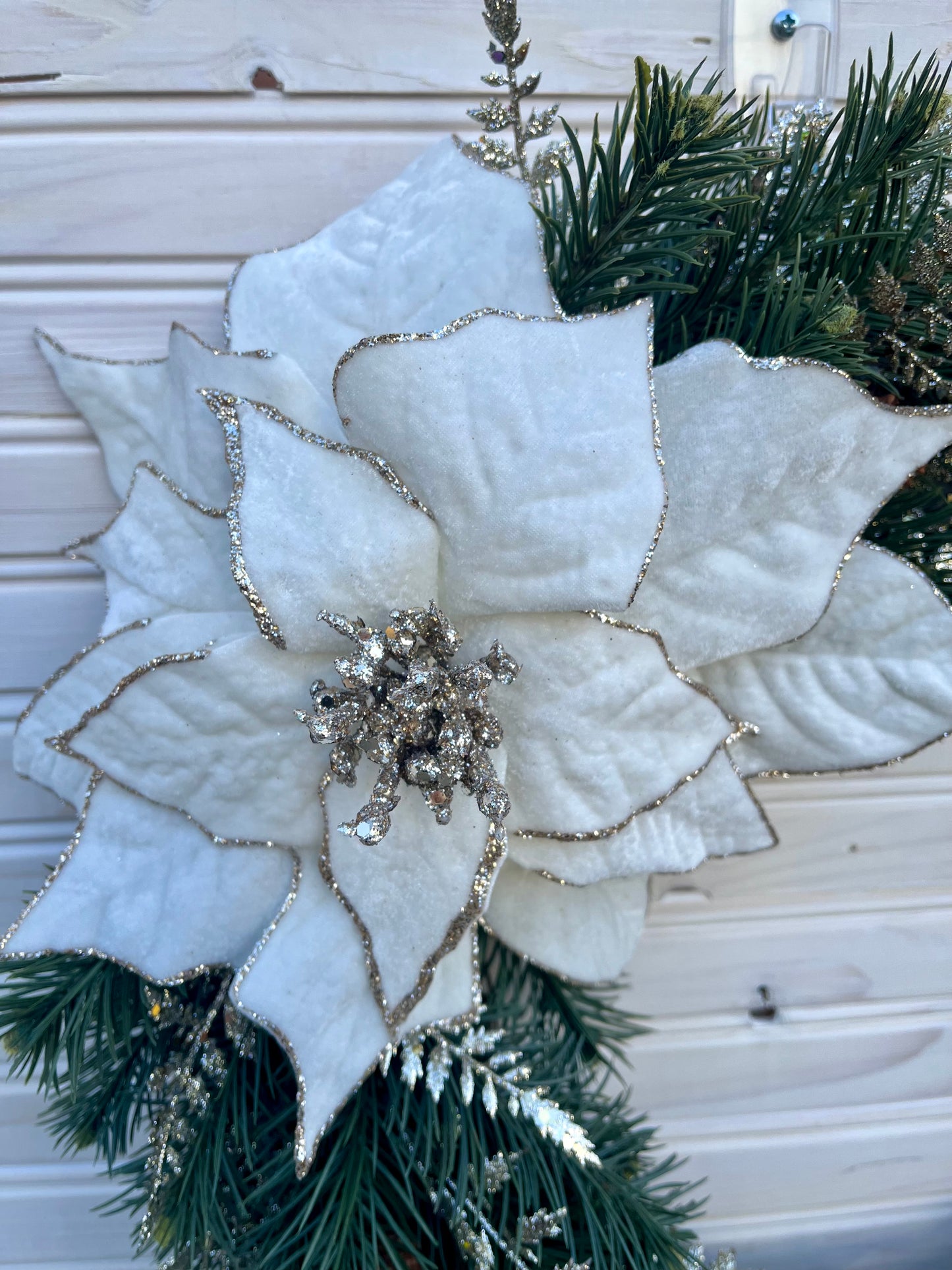 Elegant Winter White Poinsettia Grapevine Wreath