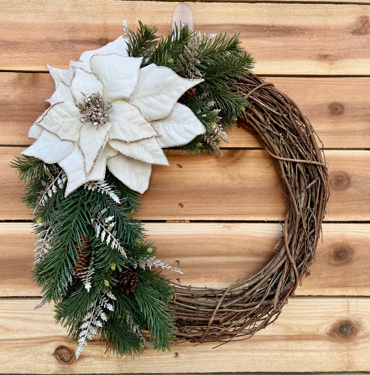 Elegant Winter White Poinsettia Grapevine Wreath