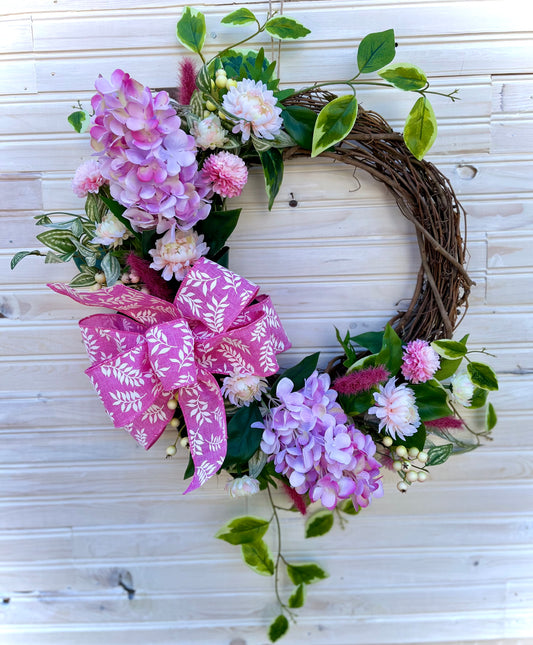 Spring Floral Wreath – Pink & Yellow Hydrangea and Chrysanthemum Wreath (2 Color Options)