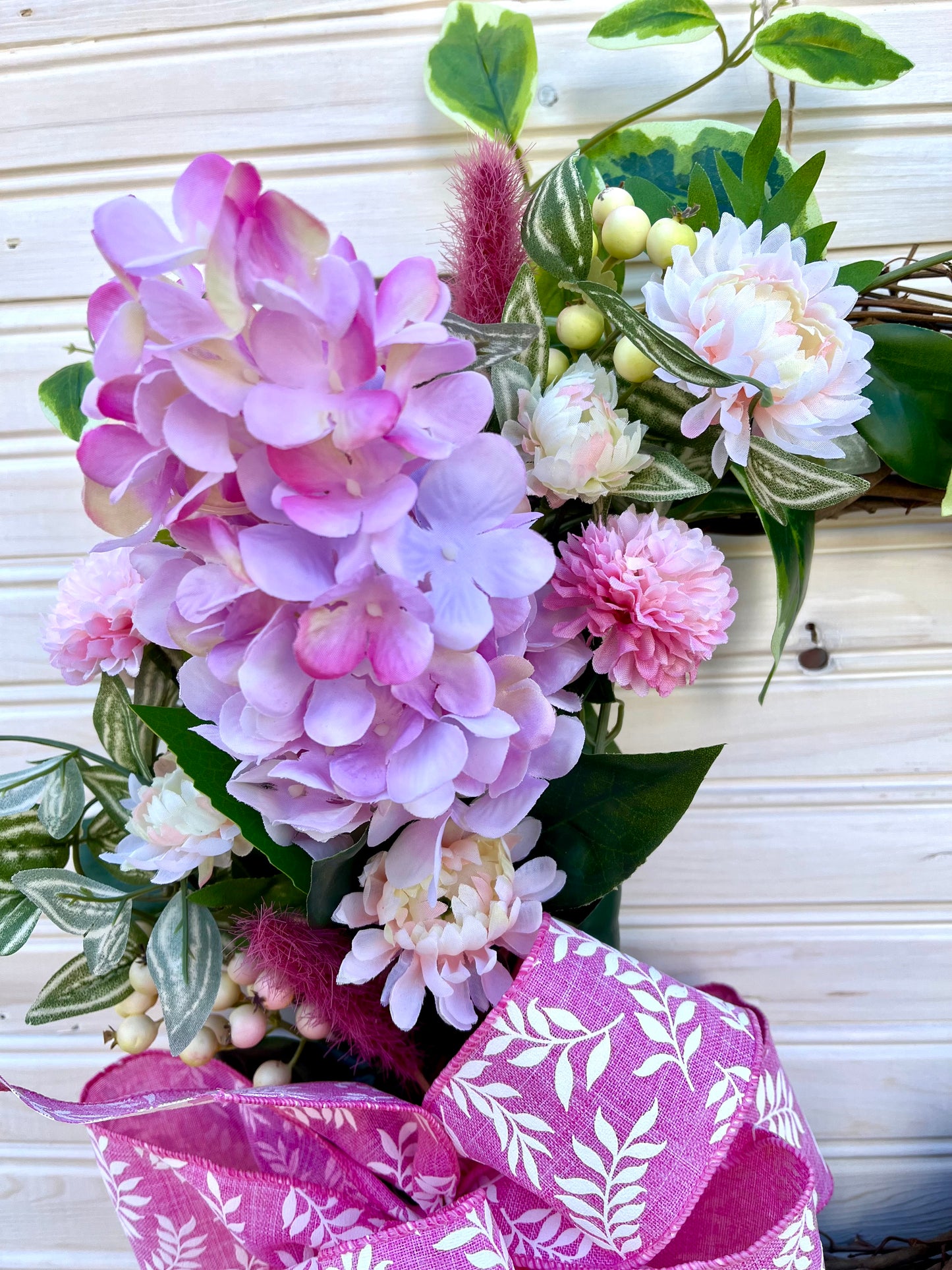 Spring Floral Wreath – Pink & Yellow Hydrangea and Chrysanthemum Wreath (2 Color Options)