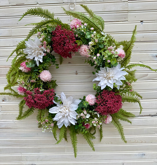 Elegant Pink & White Dahlia Grapevine Wreath – Spring & Summer Front Door Décor