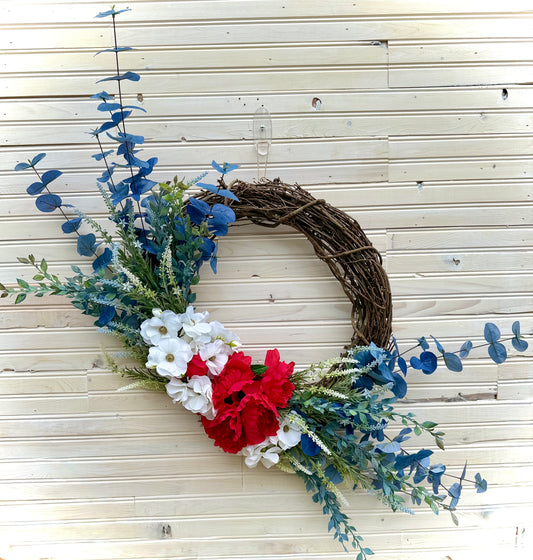 Patriotic Grapevine Wreath with Red Peonies, White Ranunculus & Blue Lavender – Americana Floral Decor