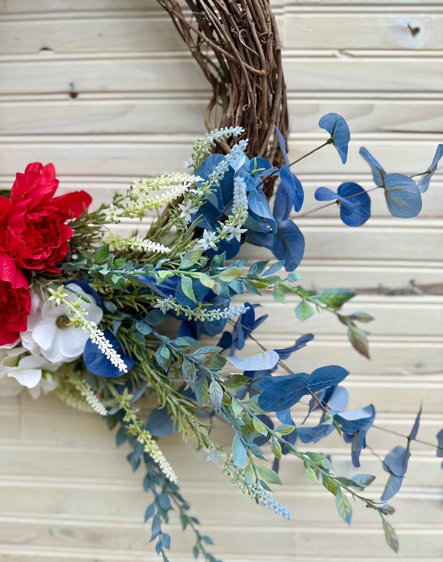 Patriotic Grapevine Wreath with Red Peonies, White Ranunculus & Blue Lavender – Americana Floral Decor