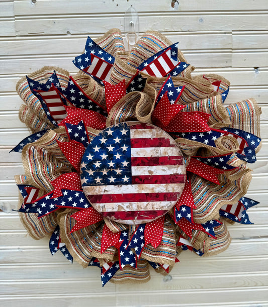 Handmade Patriotic Wreath – 22" Rustic Americana Door Decor with American Flag Sign – 4th of July, Memorial Day, Veterans Day, Front Door Wreath