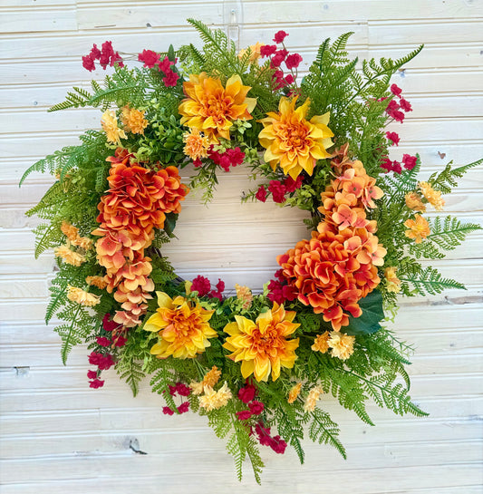 26" Summer Floral Wreath with Wisteria, Dahlia, Marigold & Eucalyptus – Vibrant Front Door Decor