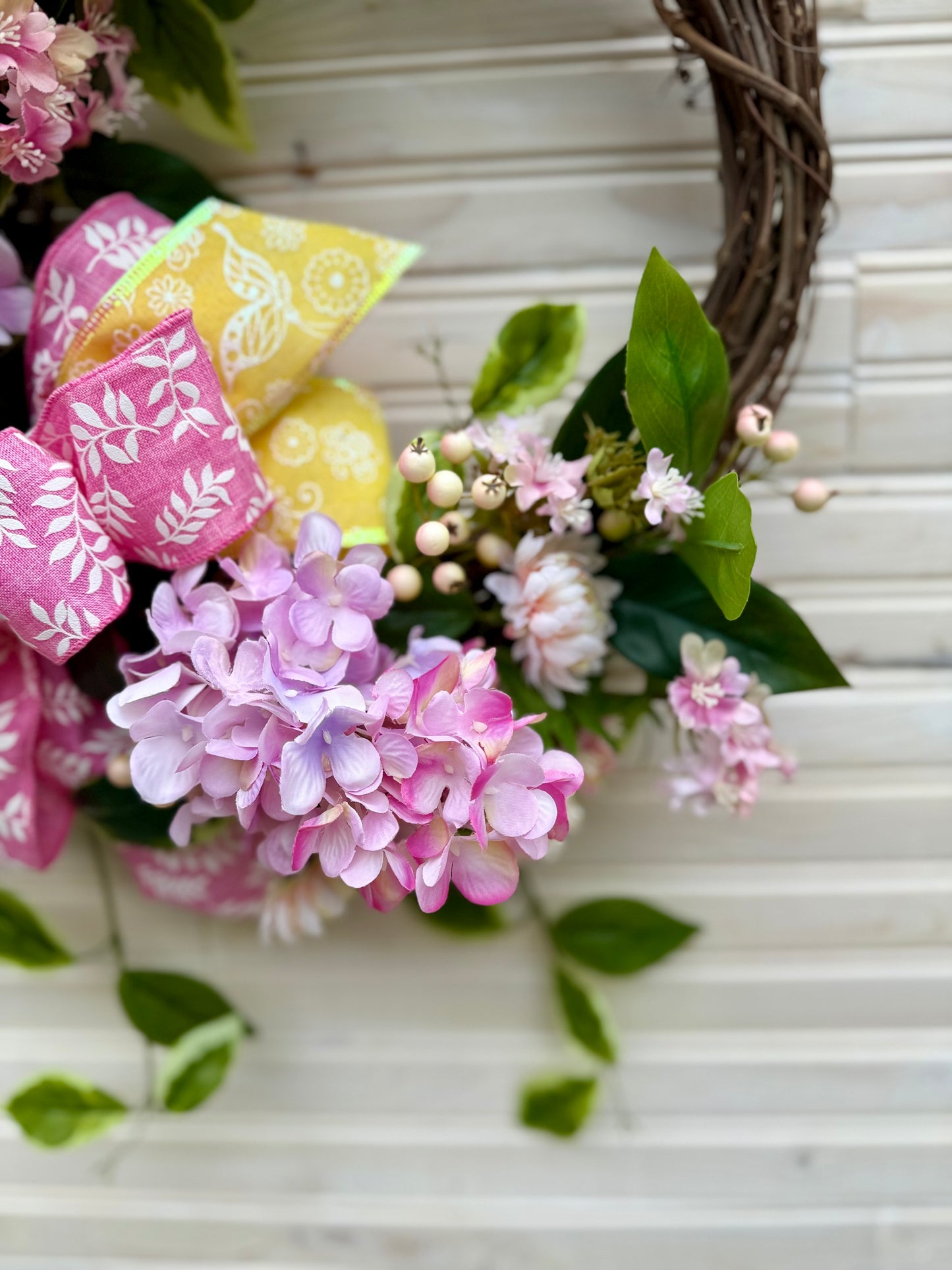 Spring Floral Wreath – Pink & Yellow Hydrangea and Chrysanthemum Wreath (2 Color Options)
