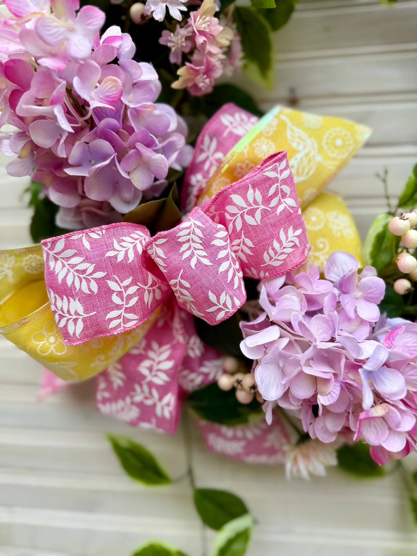 Spring Floral Wreath – Pink & Yellow Hydrangea and Chrysanthemum Wreath (2 Color Options)