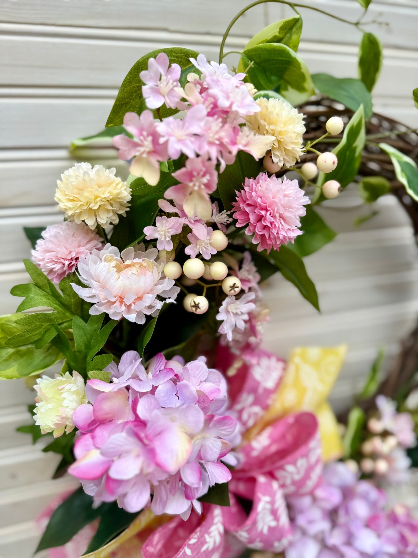 Spring Floral Wreath – Pink & Yellow Hydrangea and Chrysanthemum Wreath (2 Color Options)