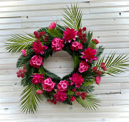 Tropical Bloom Wreath – Pink Floral Paradise with Palm & Cycas Greenery