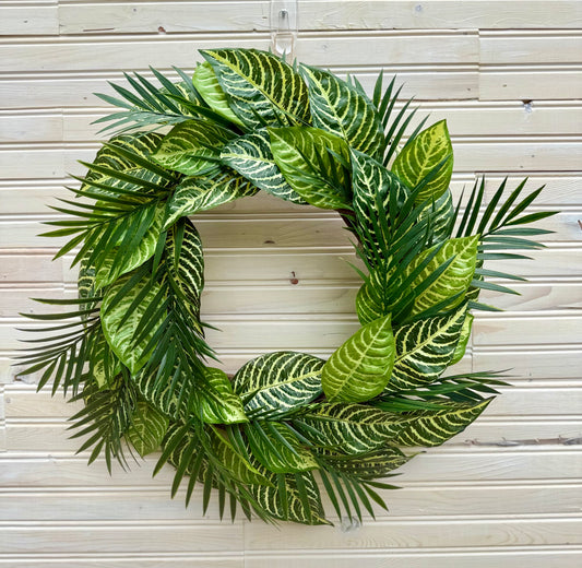 Tropical Green Zebra Palm Wreath – Lush Faux Foliage Door Décor