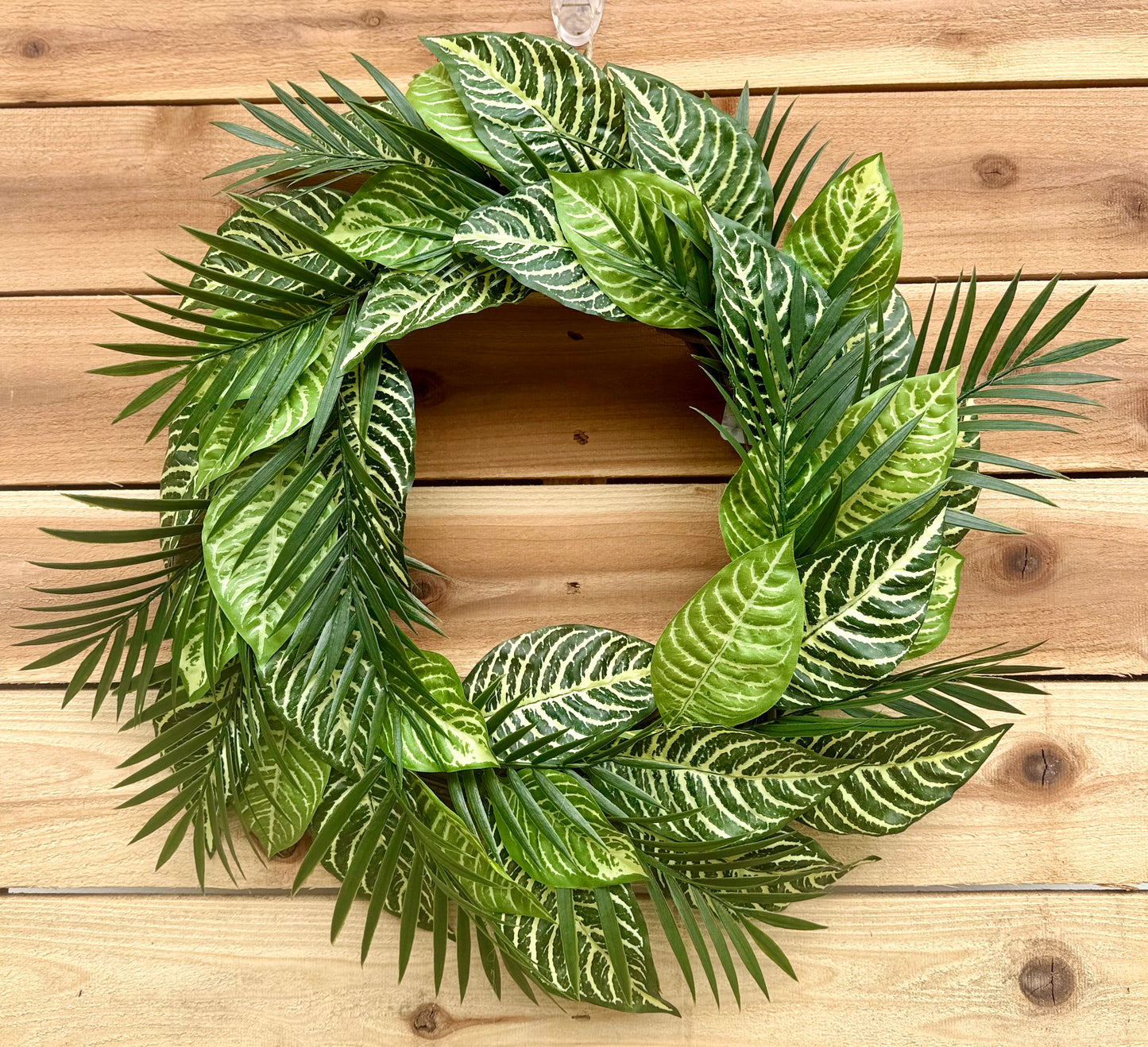 Tropical Green Zebra Palm Wreath – Lush Faux Foliage Door Décor