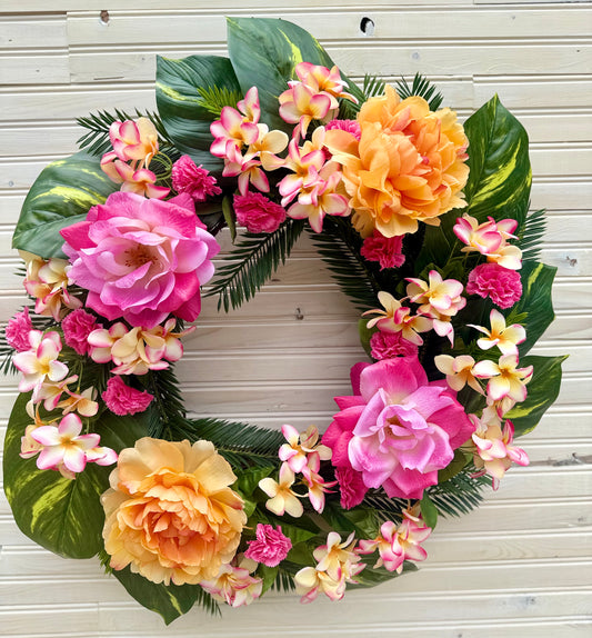🌺 Tropical Paradise Wreath with Peonies, Tea Roses & Plumeria